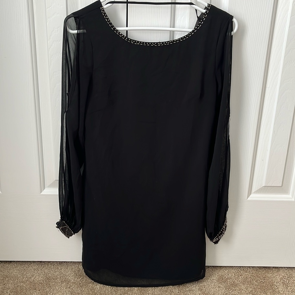 Black sleeved beaded mini dress